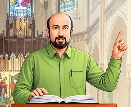 Illustration of a lay preacher in a green shirt speaking from a church lectern with an open Bible